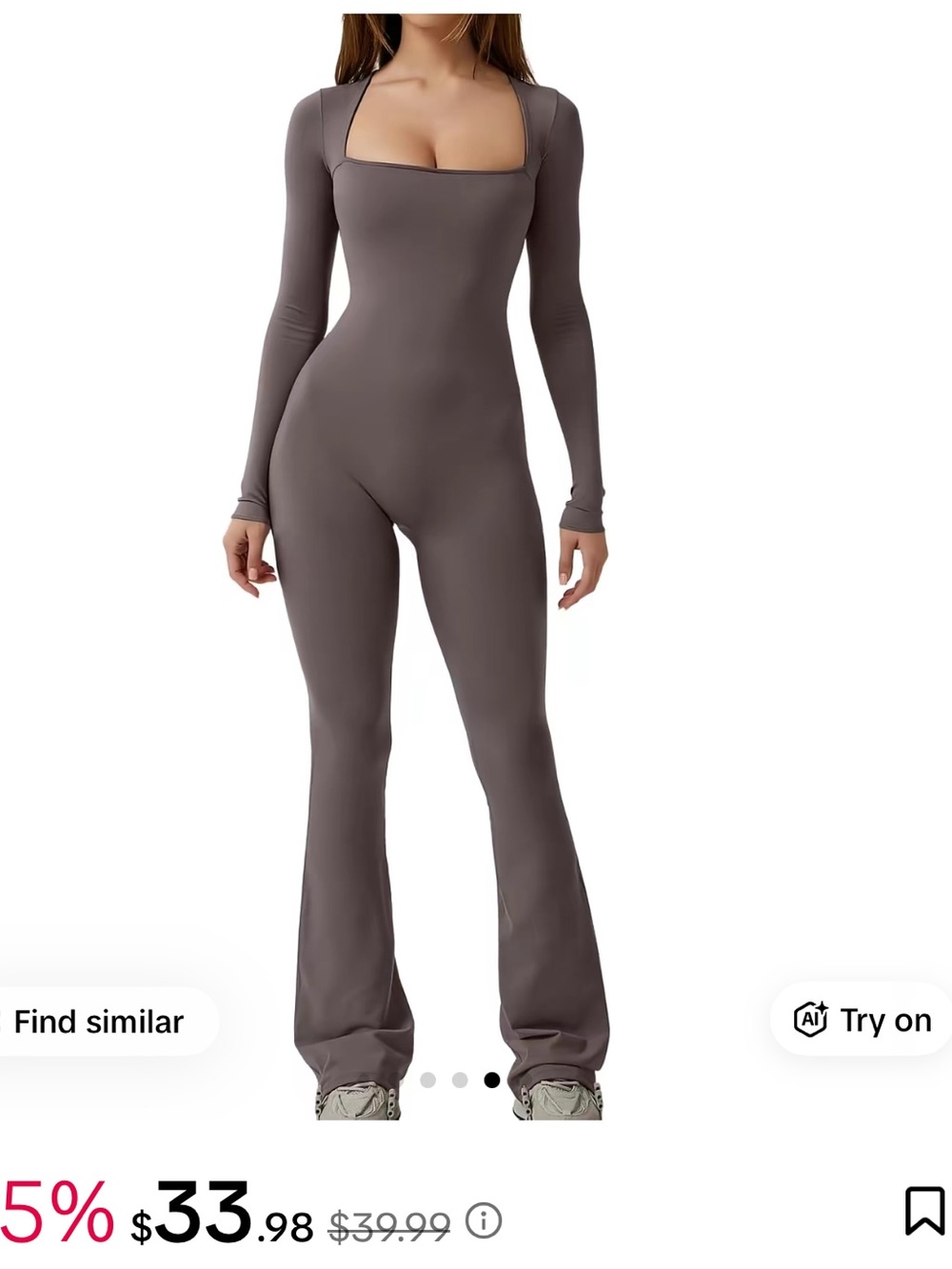 Square-Neck Long Sleeve Fitted Flared Jumpsuit in Taupe